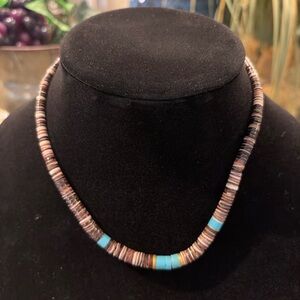 Boho Heishi Bead Choker Necklace 16” Turquoise Accent Screw Clasp